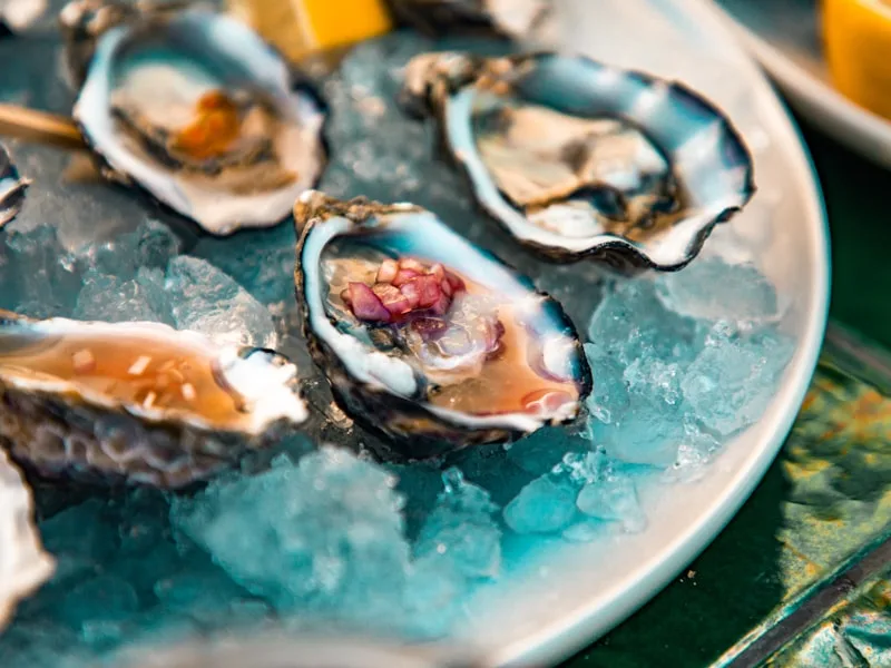 Fresh-shucked oysters on ice at Blakeman's